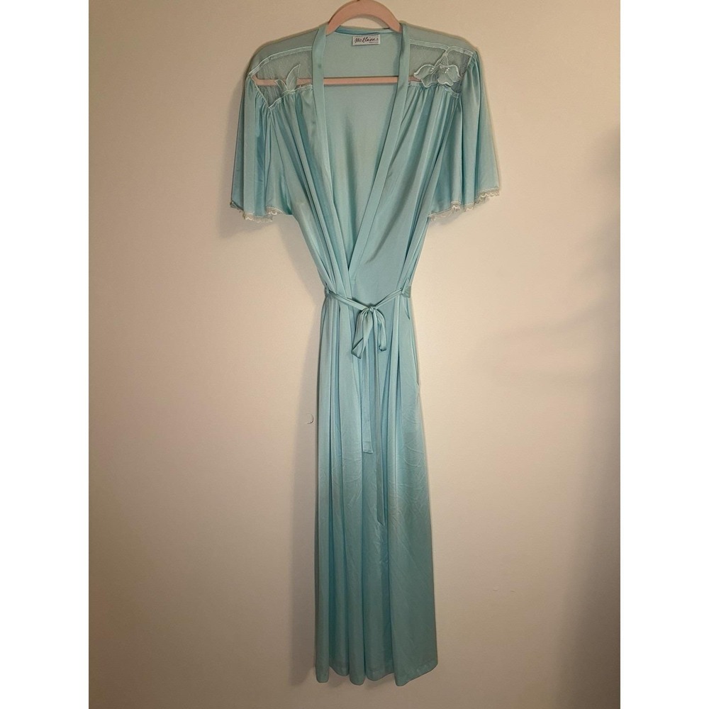 Vintage 70s Miss Elaine Aqua Nylon Maxi Robe L ILGWU Union Made Pockets Wrap Tie